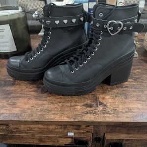 Black Platform Ankle Boots with Heart Details